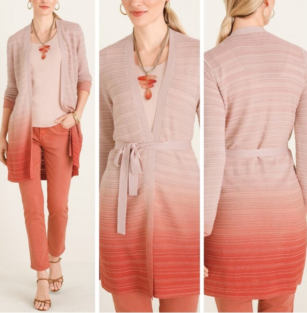 Chico's Ombre Longline Cardigan Sweater Belted Pink Rust Size 1 M NWT
